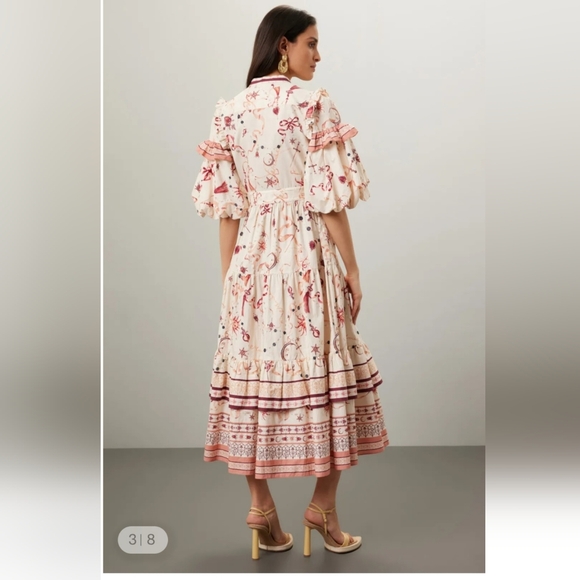 Marchesa Rosa Parker Midi Dress Button Down Puff Sleeve Cream Red Sz 8 - Picture 2 of 15